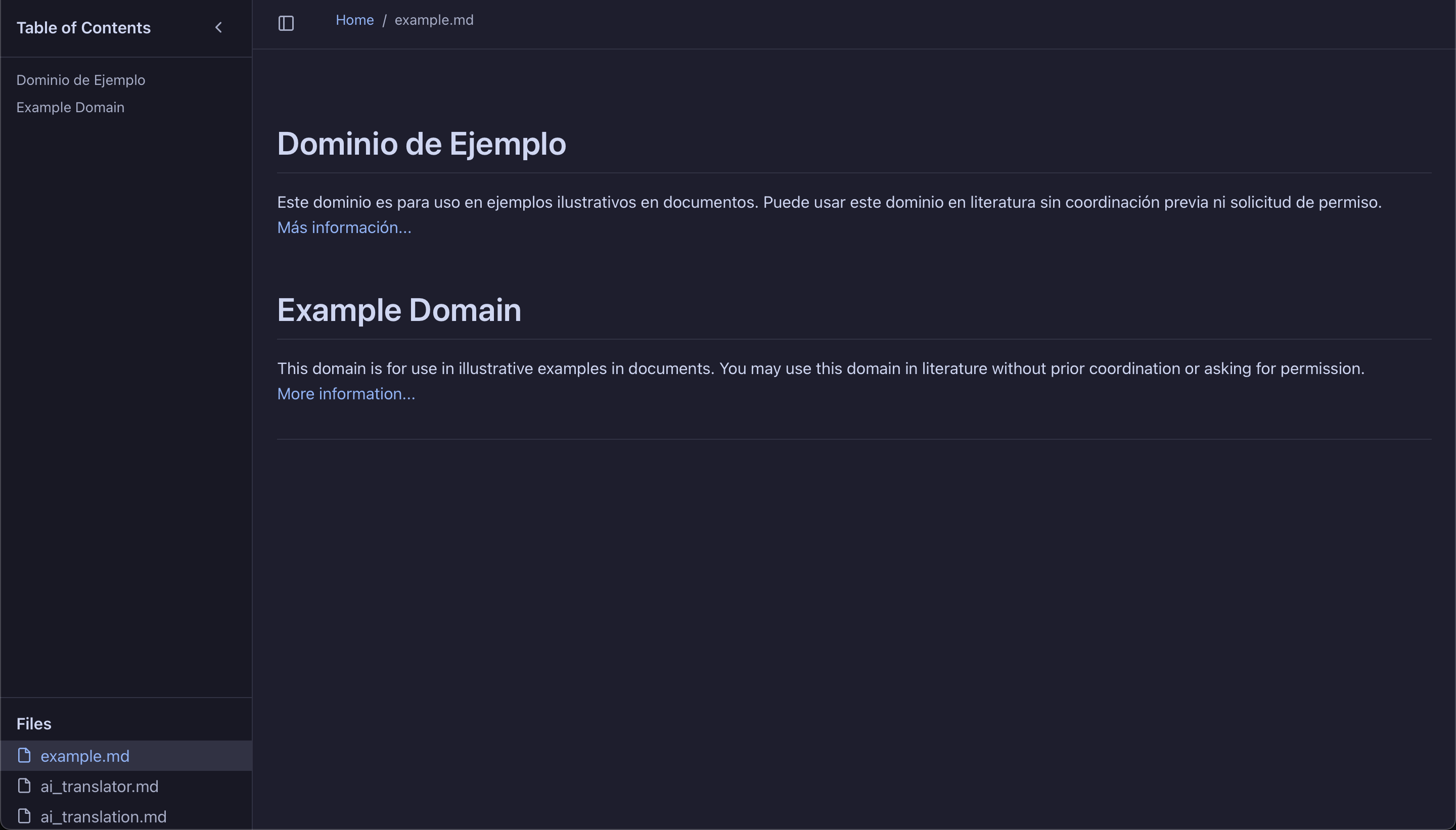 Sample document output in the Markdown Viewer app, where example.md is the translated document