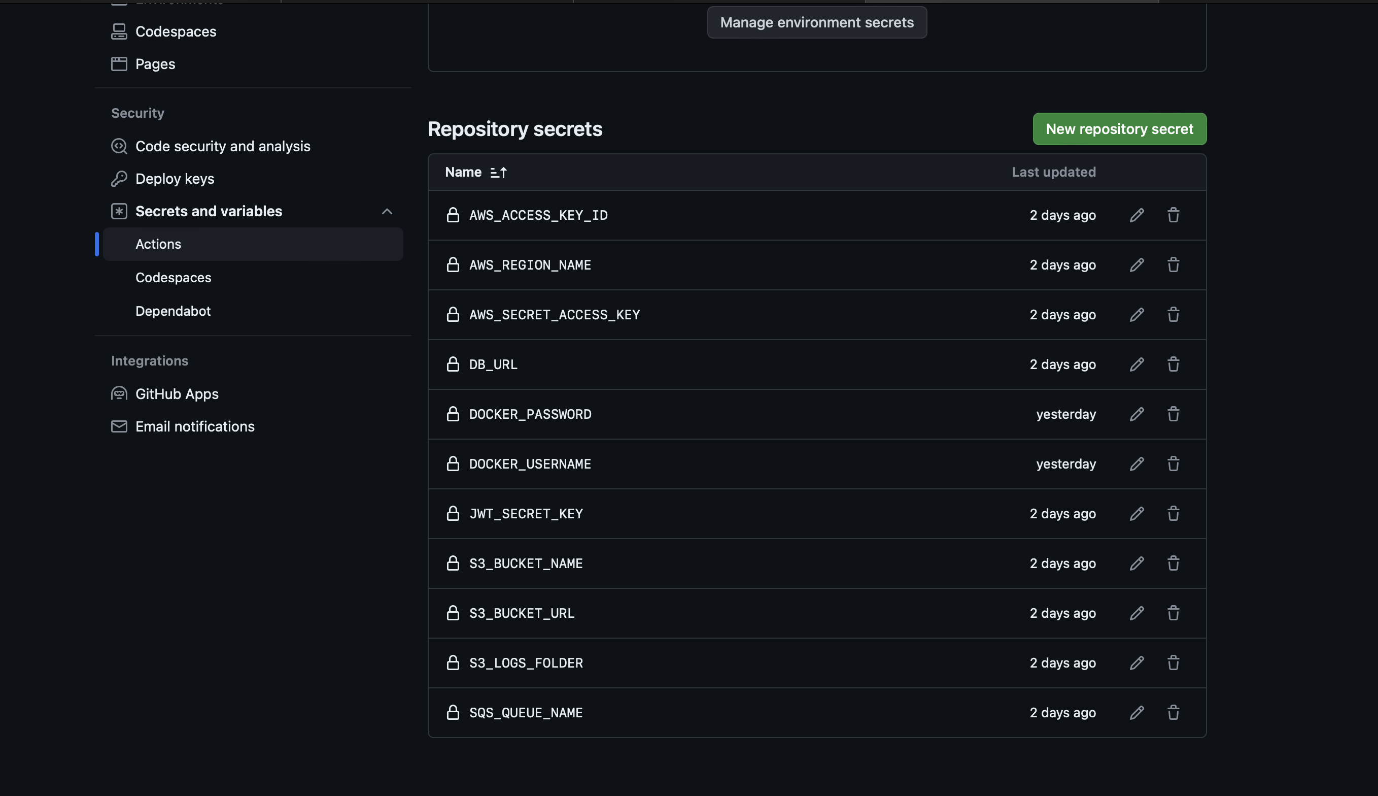 Manage Repository Secrets